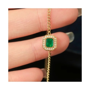 Xinfly Au750 Real Natural 0.46ct Emerald 0.11ct Cuban Link <b>Bracelet</b> 18K Pure Gold Sideways <b>Gemstone</b> <b>Bracelet</b> - Product Image 1