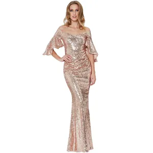 High Grade bling bling Gold Sequin Maxi Ball Gown Dresses Evening