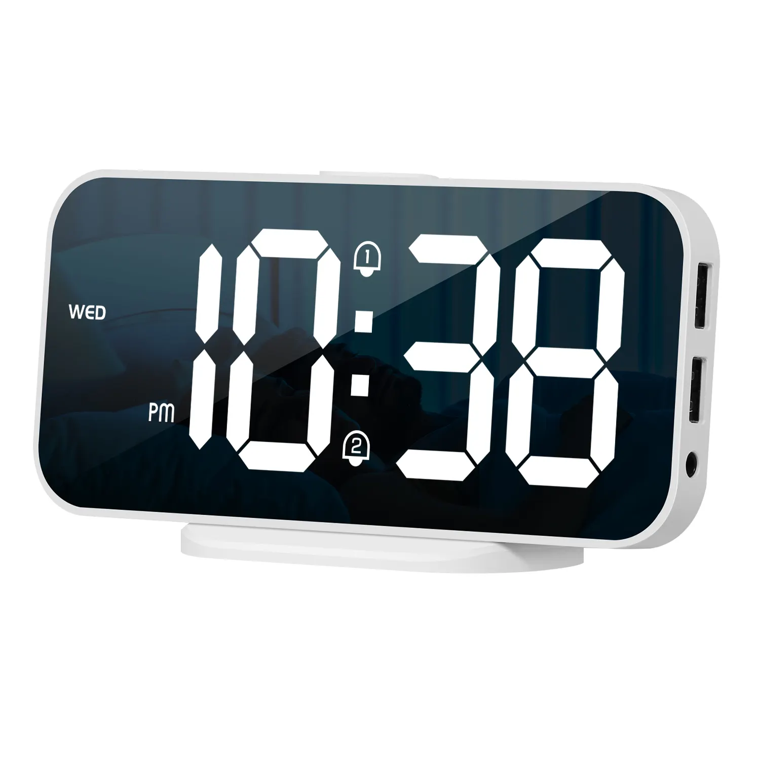 Modern Decoration Digital Clock Large LED Display Electric Alarm Clocks Mirror Surface for Makeup with Dimmer and Dual USB Ports