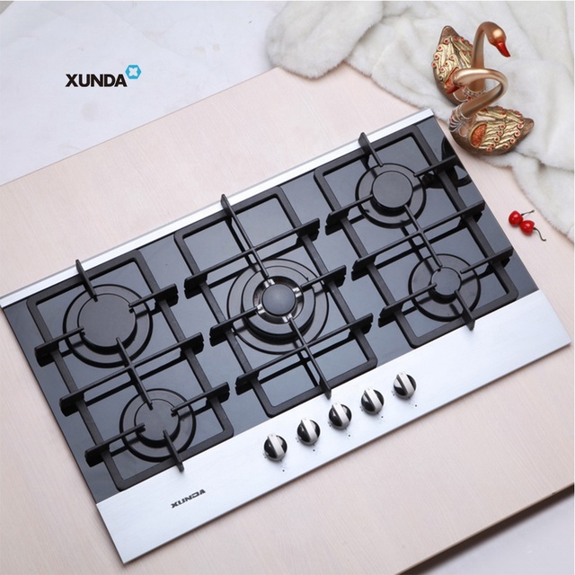 Xunda Kitchen Cooking Appliances Glass Cooktops Cast Iron Support Five Burner Built in Hob Glass Gas Stove Cooktops