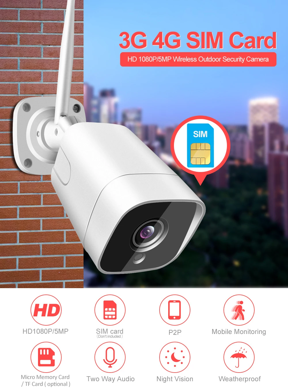 5MP P2P 4G HD Wireless Bullet Security Camera support FTP server mobile phone alarm