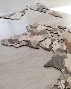Dekorasi seni dinding peta dunia kayu, dapur rumah atau kantor warna coklat 3D peta dunia kayu