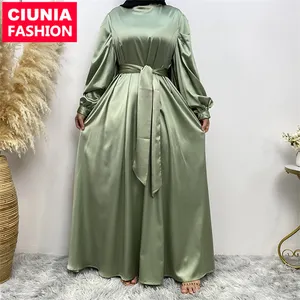 6629 # Bescheiden Dubai Midden-Oosten Mode Satijn Hoge Hals Lange Jurk Moslim Vrouwen Moderne Abaya Jurken
