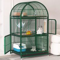 Volière pour chat en fer double couche blanc-vert avec base mobile à roulettes, toit arqué, portes latérales ouvrables, mangeoires, durable, utilisation intérieure/extérieure
