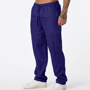 Pantalon de survêtement pour homme 100% lin, taille élastique, cordon de serrage, décontracté, léger, pour l'été, avec poches latérales, vert - Product Image 2