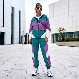 Conjunto Deportivo de 2 Piezas para Mujer, con Bloques de Color, Sudadera con Capucha y Cremallera, Pantalones Deportivos Transpirables y Ligeros de Poliéster, Estilo Casual de Verano - Product Image 1