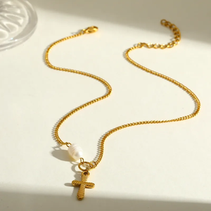 18K Gold Plated 304 Stainless Steel <b>Freshwater</b> <b>Pearl</b> Cross <b>Necklace</b> for Women Vacuum Electroplating Paperclip Chain Jewelry - Product Image 4