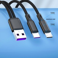 Kabel Data Tiga-dalam-Satu Kompatibel dengan Android & untuk Mobil, Bahan Anyaman Dual Type-C, Jaket Kepang, Pengisian Cepat 6A