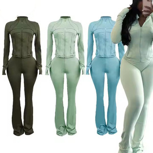 Trajes de otoño para mujer Chaqueta sólida Top y pantalones acampanados de cintura alta Conjunto de dos piezas a juego Ropa de mujer para correr - Product Image 2