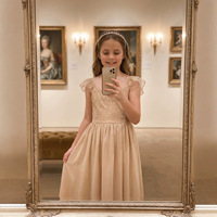 Robe longue élégante en dentelle pour filles, col rond, manches à volants florales, respirante, pour mariage, demoiselle d'honneur, événements formels, enfants