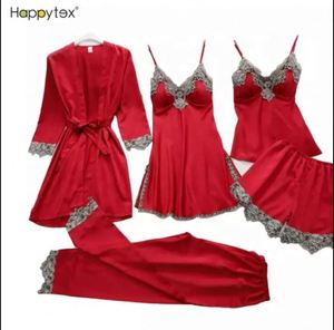 Sfy1914 Wholesale 5 Pieces Women's Lace Silk <b>Robe</b>+Top+Dress+Shorts+Trousers Pajamas Set Breathable <b>Sheer</b> 3D Embroidery Nightgown - Product Image 3