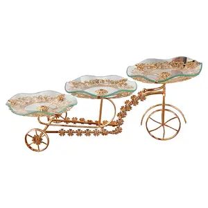 Suporte de bolo por atacado, fornecedor exclusivo de suportes para artesanato irregular, prato de frutas em vidro em formato de bicicleta