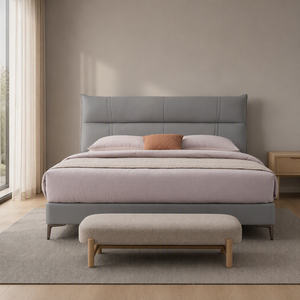 Winged Smooth Headboard <b>Bed</b> Padded Curved Upholstered Low Platform Base Gray Fabric Metal Leg Master Bedroom Hotel - Product Image 1