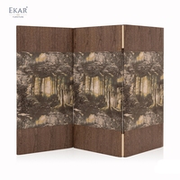 Paravent moderne minimaliste en bois à 3 panneaux avec impression de paysage forestier, écran pliant décoratif pour salon