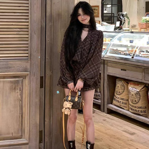 Korean Style Brown Plaid V-Neck Wrap Dress Loose Fit Women Autumn 2025 Fashion Dress - Product Image 1
