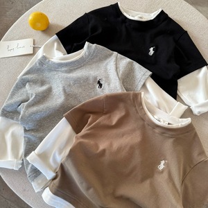 Children's Long Sleeve T-Shirt Cotton Knitted Solid Color Autumn Base Layer Top For Boys Kids Gray Black Khaki Off White - Product Image 1