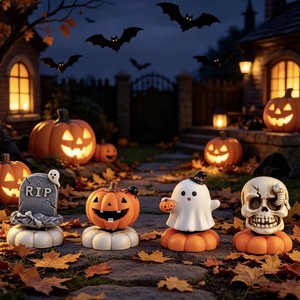 Decorazione Halloween Ornamento Resina Fantasma Zucca Teschio Lapide Rotante Statuetta Tavolo Casa Festa Scrivania - Product Image 1
