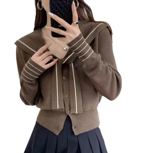 Korean-style Preppy <b>Navy</b> Collar Long Sleeve Knit <b>Cardigan</b> For <b>Women</b> Apricot Gray Black Burgundy Coffee Thin Polyester V-neck - Product Image 5