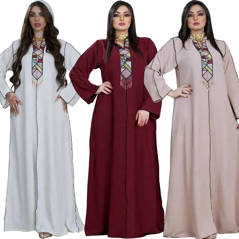 AB215 Trendy Traditionelle muslimische Kleidung Naher Osten Dubai Arabische Kapuzen roben Frauen Handgemachte Perle Quaste Satin Muslim Frauen Kleid