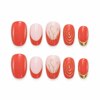 H004-3 Kaixin Faux Ongles Courts Carrés à Coller Rouge Corail avec Motif Spirale Doré et Pointe Française Brillante en Feuille d'Or – Vente en Gros