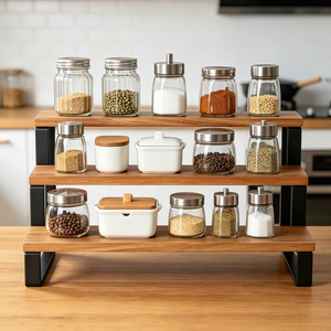 Organizzatore <span class=keywords><strong>per</strong></span> Spezie a 3 Livelli in Legno e Metallo, Scaffale da Bancone a Gradini <span class=keywords><strong>per</strong></span> Condimenti, Espositore da <span class=keywords><strong>Cucina</strong></span> <span class=keywords><strong>per</strong></span> Barattoli, Bottiglie e Lattine - Product Image 2