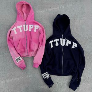 Fabricantes de sudaderas con capucha de invierno personalizadas, estilo streetwear, con cierre de cremallera, apliques, efecto desgastado, lavado ácido y parches bordados. - Product Image 2