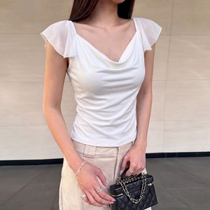 Blouse Y2K à manches courtes en mousseline, crop <span class=keywords><strong>top</strong></span> transparent à découpes au dos, avec volants, coupe ajustée, <span class=keywords><strong>col</strong></span> en V, drapé sur le devant, blanc, pour <span class=keywords><strong>femme</strong></span> - Product Image 2