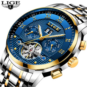 Reloj mecánico de lujo Lige Tourbillon para hombre, automático, con correa de acero inoxidable, esfera azul, 42mm, 30bar, resistente al agua, cierre plegable - Product Image 6