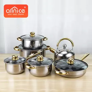 Shopee מכירה לוהטת זהב ידית 12pcs ללא מקל כלי בישול סט נירוסטה באיכות כלי מטבח Cookingware סט