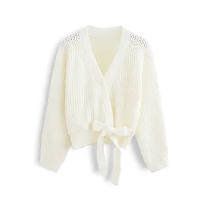 YT 패션 여자 단색 니트 V 넥 허리 디자인 스웨터 여성 니트 카디건