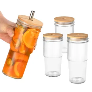 Großhandel leeres 22 oz klares glas mason-glas getränkemblaschen milchtee-behälter mit holzdeckel strohhalme