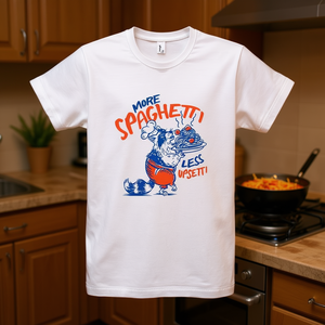 Maglietta promozionale More Spaghetti Less Upsetti bianca per adulti unisex con scollo rotondo e maniche corte - Product Image 2