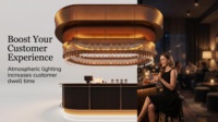 Comptoir de caisse ovale en bois foncé avec anneau perforé bronze, présentoir à grains de café, base LED lumineuse, aménagement personnalisé pour café