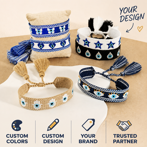 Braccialetto Intrecciato Fatto a Mano Regolabile Personalizzato con Ciondolo Occhio Blu Ricamato e Nappa, Braccialetto dell'Amicizia in Corda Intrecciata Macramè - Product Image 1