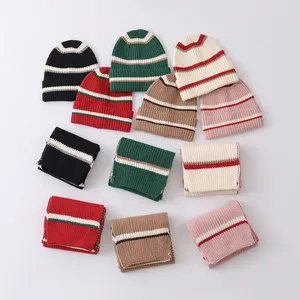 Fashion Custom Cute Children's Warm Soft Multicolour Girl Christmas Striped Hat Scarf Set