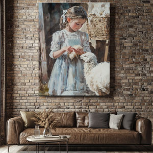 لوحة مزرعة عتيقة: جدارية قماشية مطبوعة بنمط الفتاة والضأن ، مثالية لديكور المنزل السميك بغرفة المعيشة - Product Image 2