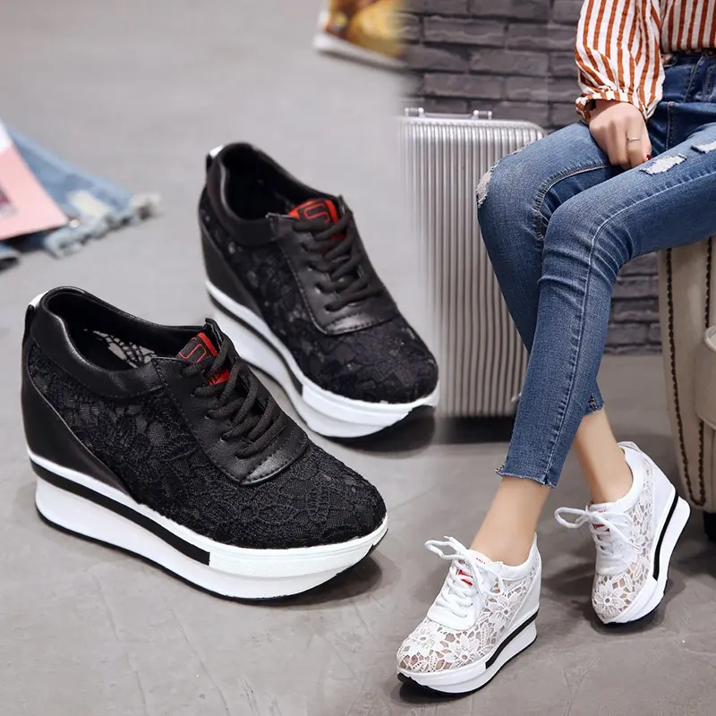 Summer Lace-up Breathable Women Wedges Chunky Heels Height Increasing Platform Sneakers Female Ladies Shoes