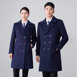 Navy Blue Wool Coat Unisex Autumn Winter Workwear Thick Professional Solid Color Pocket Design - Product Image 1