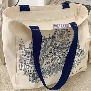 BSCI Factory Heavy-Duty Canvas Tote Bag Extra Large Size With Big Capacity Zipper Traveler For Women Featuring Letter Pattern