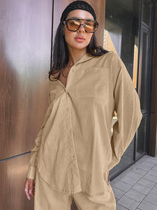 Enyami 100% pamuk yaz sonbahar rahat 2 parça V boyun düğmesi uzun kollu gömlek geniş bacak pantolon eşleşen kıyafetler kadın setleri - Product Image 2