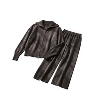 Ensemble Twinset Hiver Coréen Respirant Col Montant Zippé Cardigan et Pantalon Large Vintage – Design Manches Lanterne Chaudes