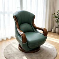 Fauteuil pivotant en cuir vert avec accoudoirs en bois massif courbé, fauteuil de relaxation individuel pour mobilier de bureau de luxe à domicile