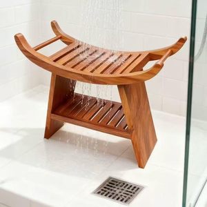 Teak Wooden <b>Bath</b> Stool 60x31x43.5cm With <b>Storage</b> Shelf For Bathroom Use - Product Image 5