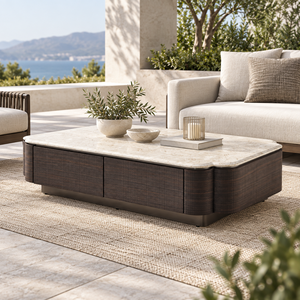 Modern Storage Coffee <b>Table</b> Luxury <b>Stone</b> <b>Top</b> Veneered Multi Layer Solid Wood Board Leather Craft Living Room Villa Center <b>Table</b> - Product Image 2
