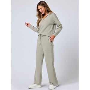 FOXA Women's 2 Piece <b>Lounge</b> Set Long Sleeve Polo Top Wide Leg Pants Casual Knitted Sweat Matching Outfit Autumn Wear - Product Image 4