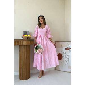 Vestido de Organza Rosa Bordado con Cuello Cuadrado, Estilo Vintage, Hecho a Mano, para Eventos Nocturnos, Cintura Natural - Product Image 5