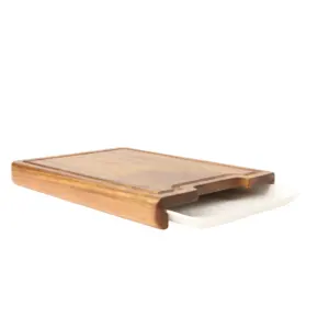 easy to stock dark wooden cutting board with white plastic container stock plate