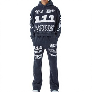 Ensemble de jogging décontracté 2-en-1 pour homme, bleu foncé, à capuche, imprimé lettres, coupe régulière, en coton, style streetwear, pour l'hiver - Product Image 1