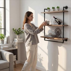Étagères murales en bois industriel SENYU avec cadre en fer, design rectangulaire à trois niveaux pour le rangement dans le salon, montage mural durable - Product Image 1