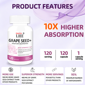 ผู้ผลิตแคปซูลเมล็ดองุ่น OEM พร้อมสารสกัดนิโคตินาไมด์ ปราศจาก GMO ปราศจากกลูเตน ช่วยให้ผิวกระจ่างใส 120 แคปซูลเมล็ดองุ่น - Product Image 4